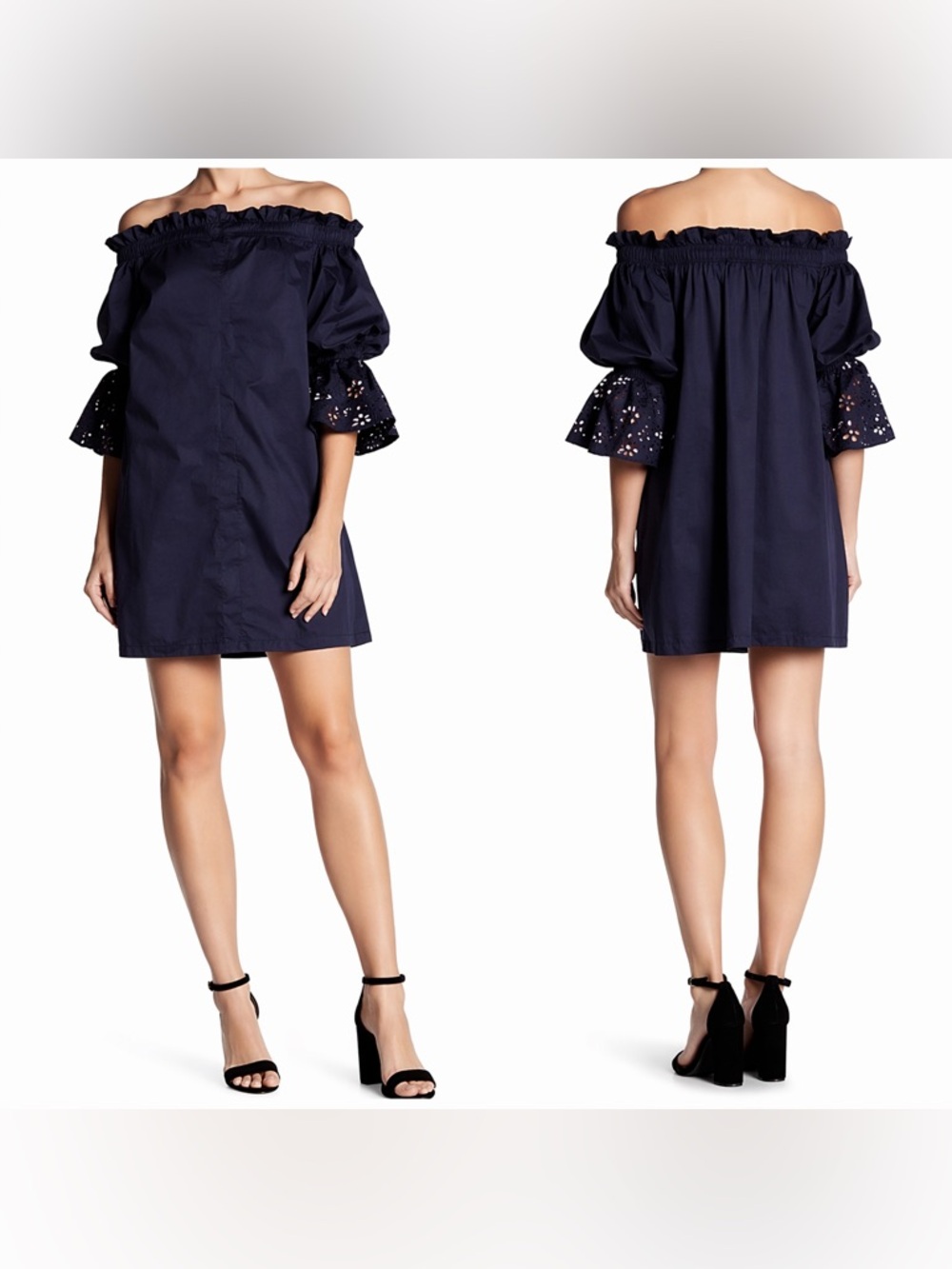 Parker Dakota Off-the-Shoulder Embroidered Sleeve Navy Mini Dress